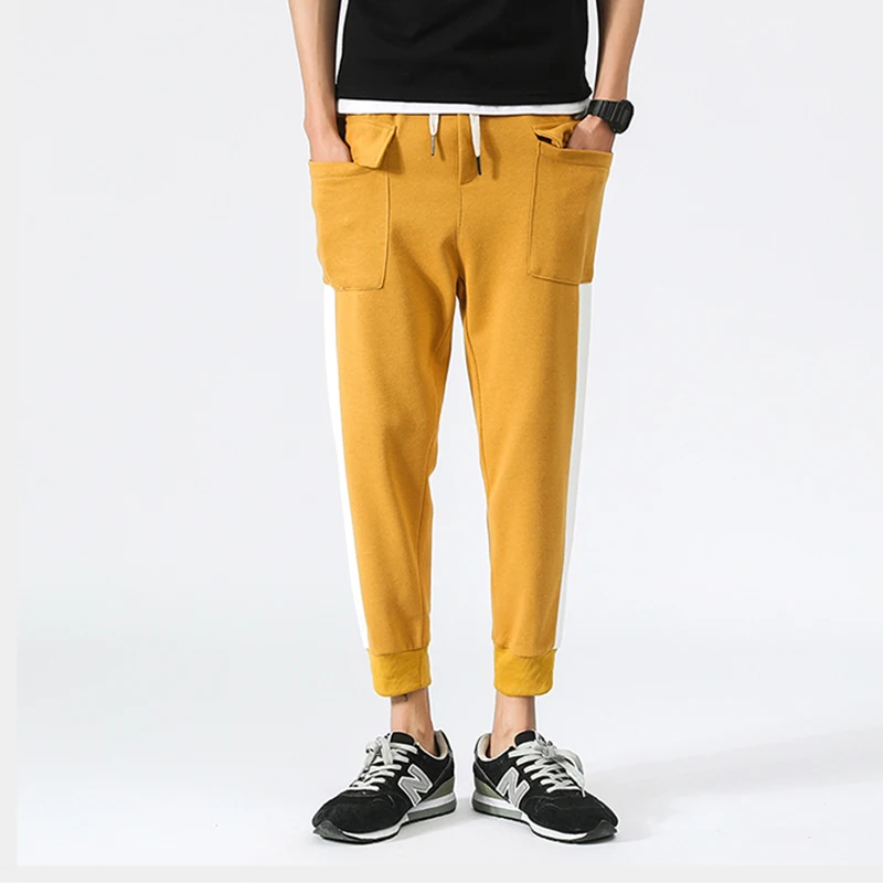 

casual trousers men solid yellow blue jogger pants men unique big pockets drawstring pencil pants sweatpants plus size M-5XL