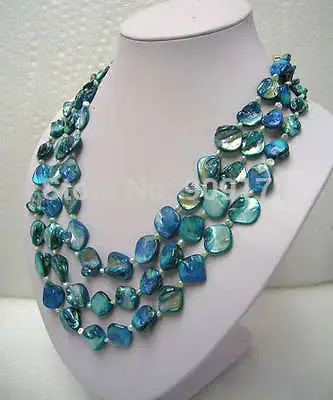 

FREE SHIPPING>>>@@ S>>Jewelry 3 ROWS Pearl & Blue Mother of Pearl Necklace