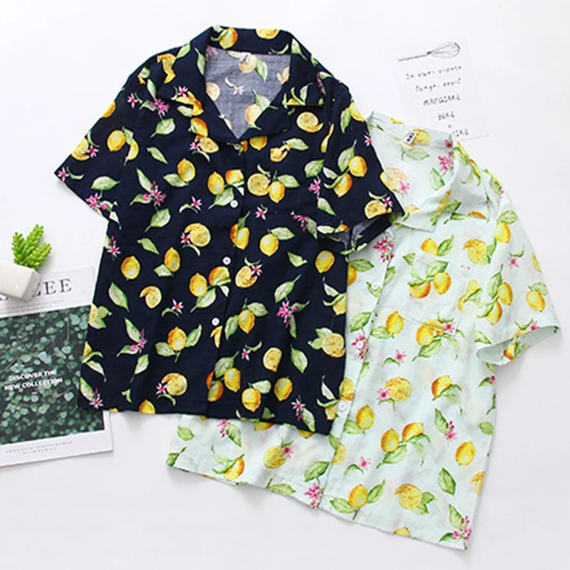 

Summer Print Women Blouses Turn Down Collar Short Sleeve Tops Ladies Pineapple Cherry Print Shirt Loose Casual Women Clothing