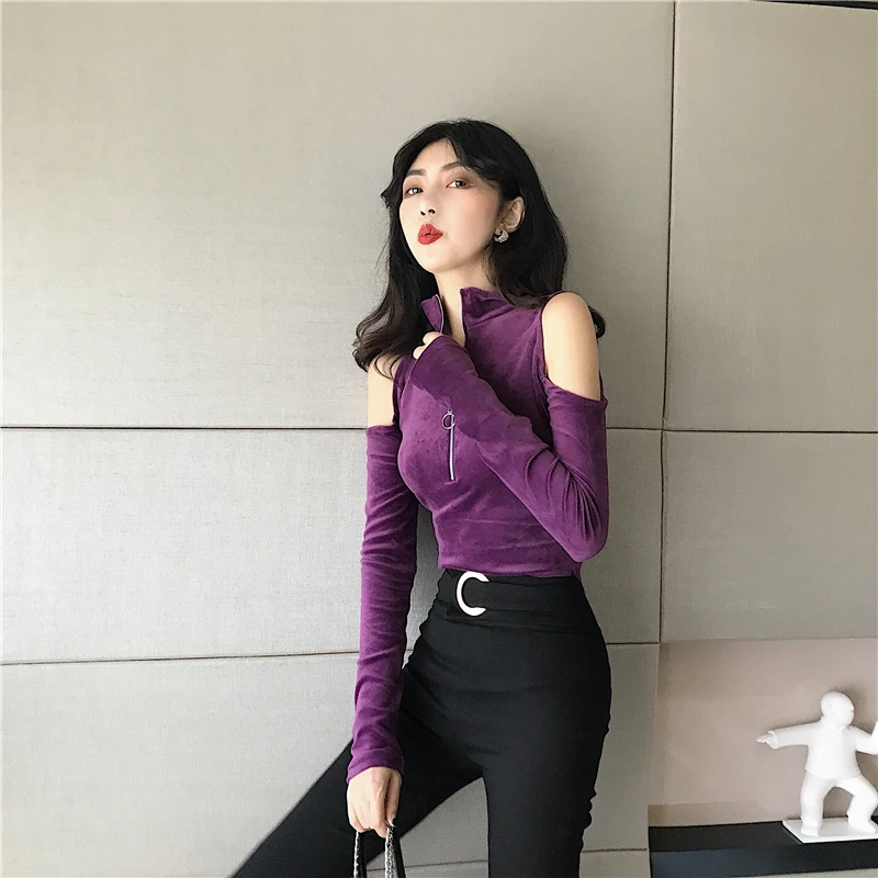 Женская одежда Осень Новая Винтажная плиссированная бандажная топы сексуальные отверстия без бретелек футболки на молнии водолазка футболка с длинным рукавом для женщин