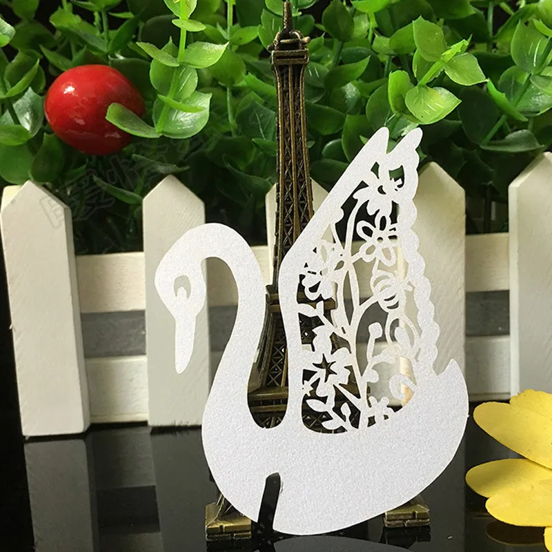 50PCS 10Color Laser Cut Swan Wedding Invitation Place Card  Escort Card  Cup Card Wine Glass Name Card For Wedding Decor