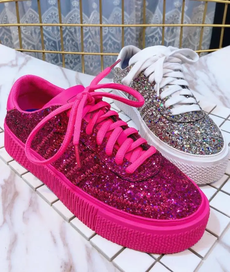 

Spring and fall 2019 new sequin low-top lace-up fashion versatile women's shoes