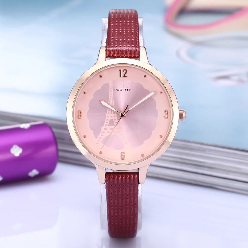 

REBIRTH New Fashion Women Quartz Watch Eiffel Tower Pattern Design Stainless Steel Ladies Appointment Watches for Young People