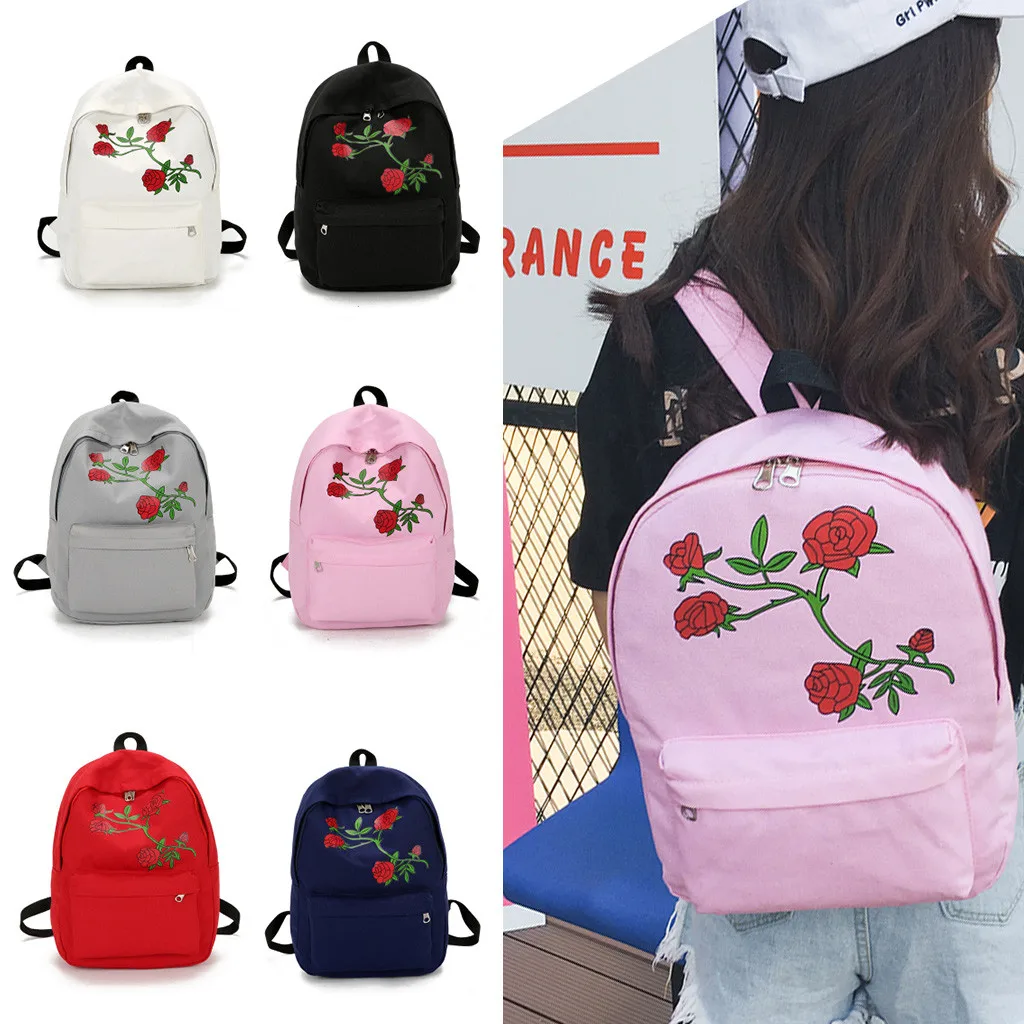 

Girls woman back pack Embroidery Rose School Bag Travel Backpack Bag Shoulder Bag Portable Solid Zipper Bag bolso mochila#BY35