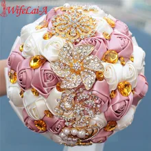 Изготовленный На Заказ сине-белые розы Золотая брошь букеты потрясающий Кристальный Букеты свадебные золотые ювелирные изделия шелковые букеты W227