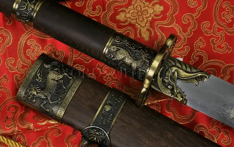 Handmade Qing Dao Chinese Wushu Sword with Damascus Steel Blade and Wooden Bronze Scabbard image 4