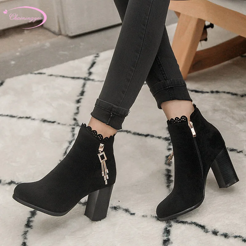 

Chainingyee elegant round head autumn nubuck ankle boots fashion rhinestone zipper black brown high heel women's riding boots