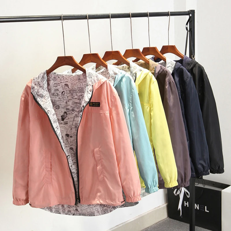 2017 Female Jacket Women Bomber Basic Jacket Autumn Two Side Wear Coat Cartoon Print Pocket Zipper Hooded Outwear Loose A067