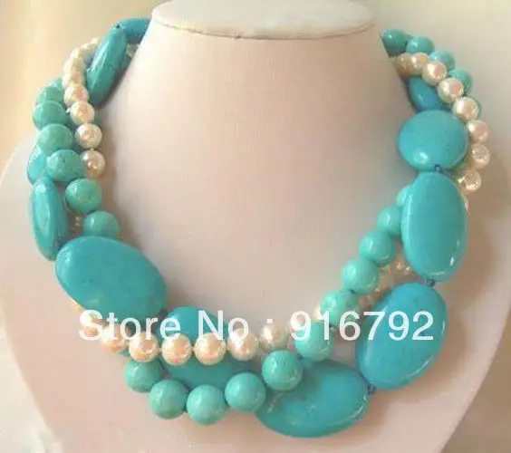 

Charming!3Rows 7-8mm White Pearl&Turquoise Necklace