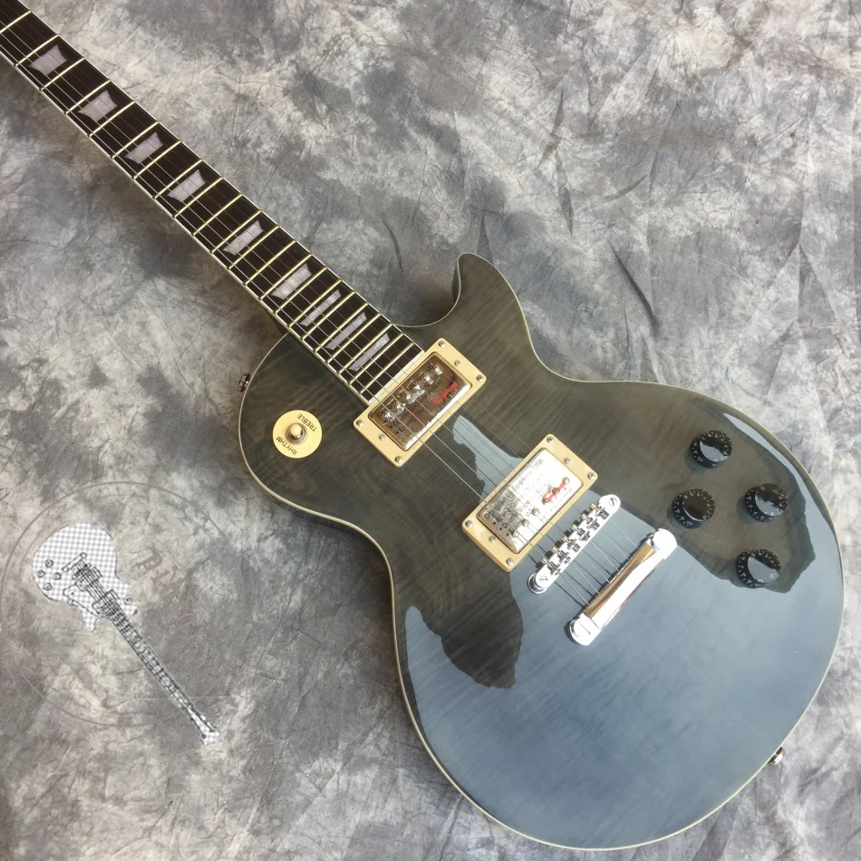 Free delivery, hot sale electric guitar, black transparent flame top, white hardware, color and logo can be customized! Free delivery, hot sale electric guitar, black transparent flame top, white hardware, color and logo can be customized!