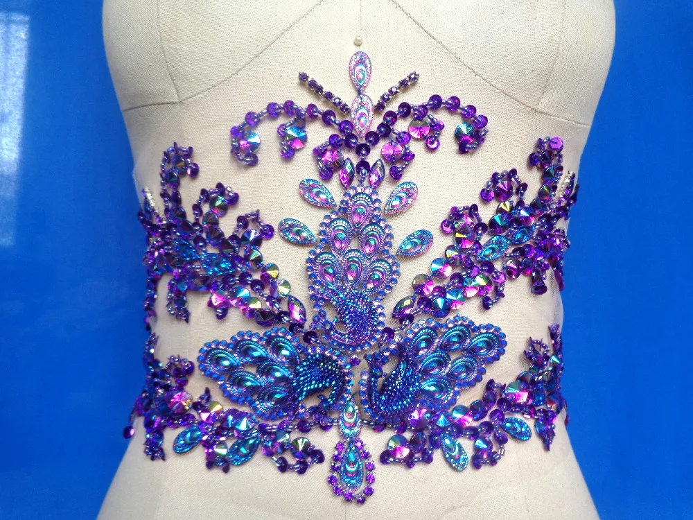 Hand made crystals trim patches sew on sequins beads purple Rhinestones