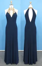 Lange Frauen Abendkleid Cut Zurück Navy Meerjungfrau Stehkragen Abendkleid Mit Perlen Marineblau Benutzerdefinierte Größe