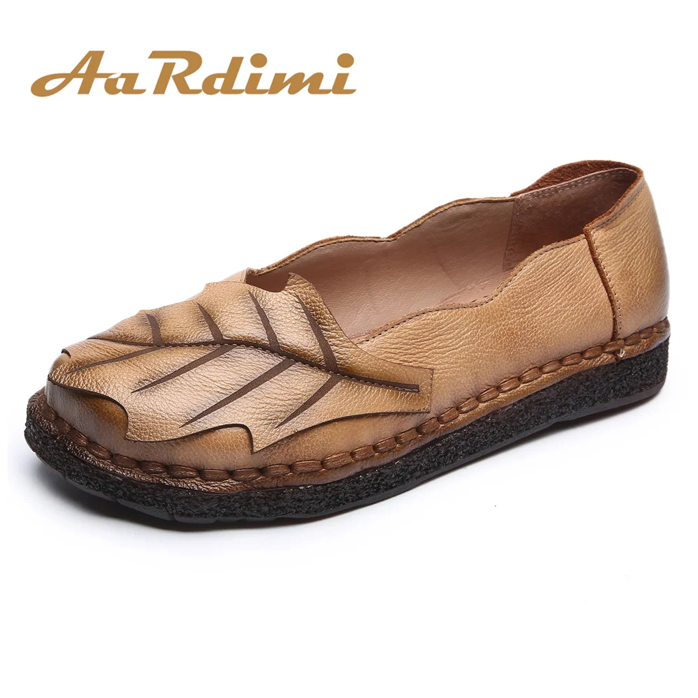 

AARDIMI Genuine Leather Women Shoes Spring Ladies Flats Retro Women Boat Shoes Solid Round Toe Flat With Mother Shoes