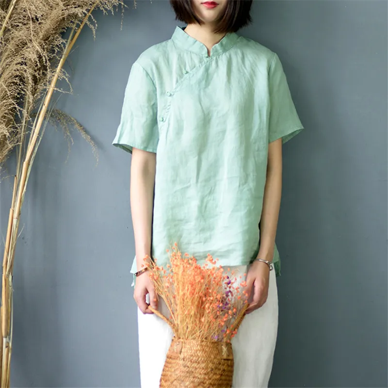 SCUWLINEN летние женские Топы в винтажном китайском стиле тонкие рубашки из рами с коротким рукавом повседневные свободные асимметричные блузки S582