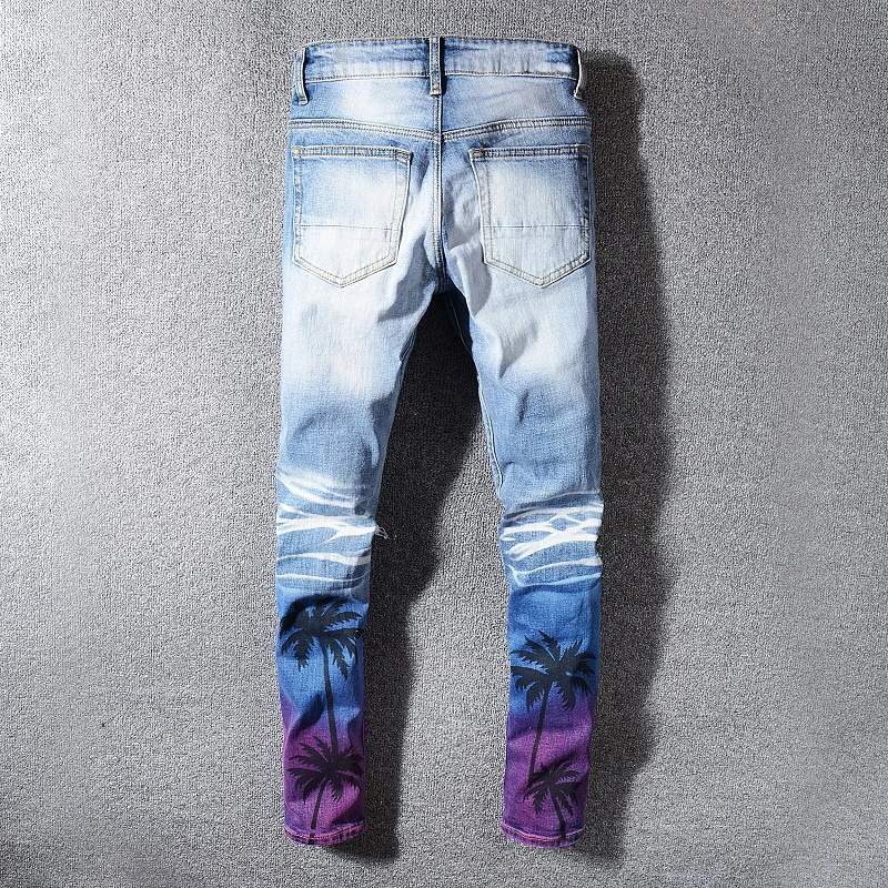 Goedkoop Sokotoo mannen kokospalm bedrukte gekleurde ripped jeans Slim fit gaten verontruste stretch denim broek Broek