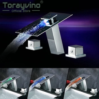 

LED Waterfall Faucets Double Handles 3 PCS Set Deck Mounted Mixer Water Power Tap LED Basin Mixer Chrome Bathtub Faucet