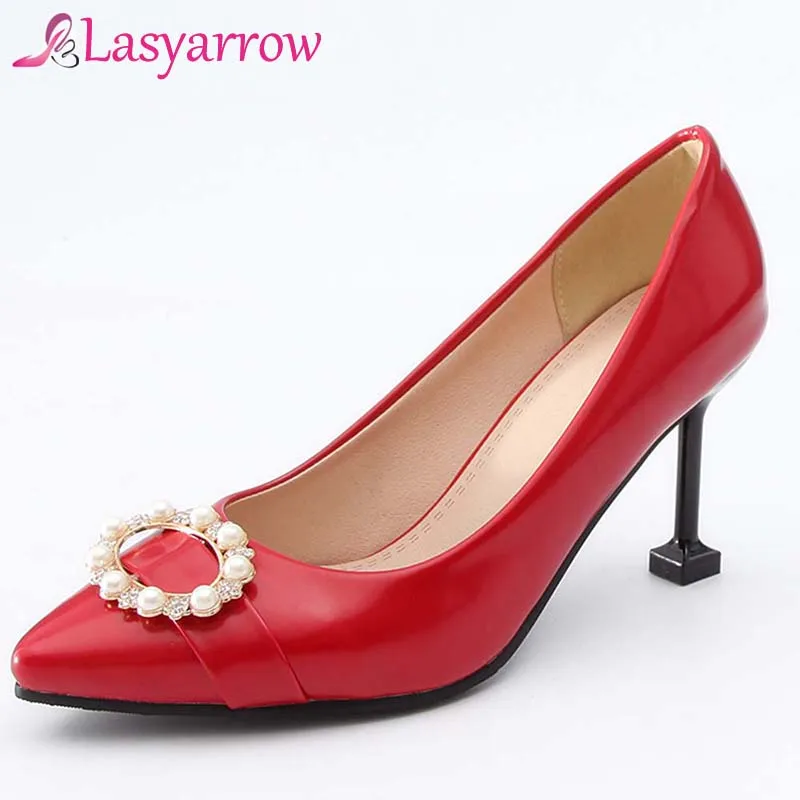 

Lasyarrow PU Leather Women Pumps 8cm High Heels Woman Daily Shoes Office Shoes Black Red Party Wedding Shoes Pumps Female RM940