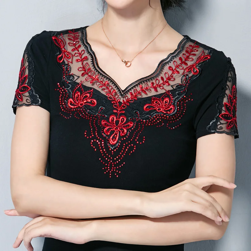 

Women's blouse shirt fashion short sleeve summer tops Elegant Embroidered Plus size shirt 4XL women tops and blousas