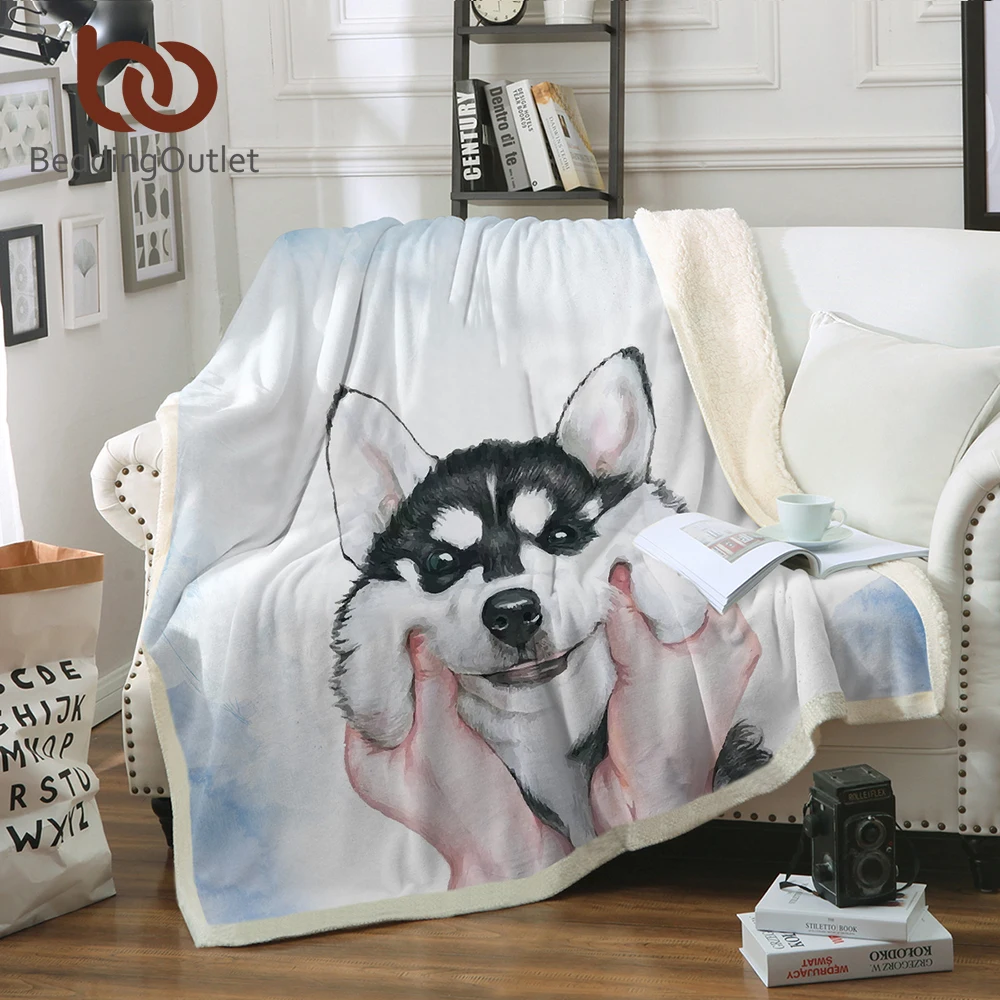 

BeddingOutlet Husky Puppy Sherpa Blanket for Beds Watercolor Plush Throw Blanket Kids Cartoon Throw Bedding 130x150 battaniye