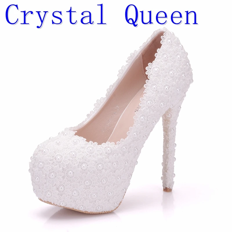 Buy Crystal Queen Pearl Lace White Wedding Shoes Women Party Sexy High Heels