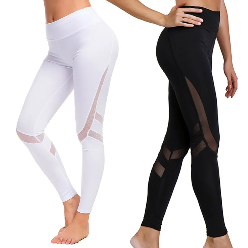 

2019 Women Yoga Pants Mesh Splice High Elasticity Fitness Yoga Pants Gym Polyester S-2XL Sports Suit Women