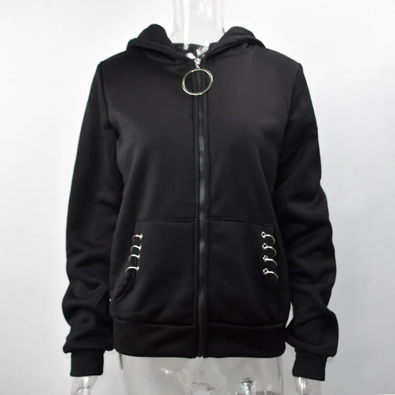 Women Hooded Hoodies Punk Iron Ring Printed Plus Size Sweatshirts Autumn Black Jacket Zipper Coat 2018 Fashion Hip Hop Tops