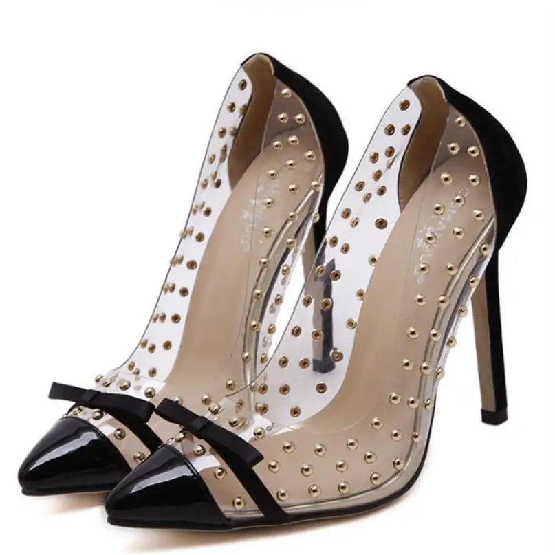 BAYUXSHUO Rivets High Heels New Transparencies High Heels Brand Shoes Pointed Toe Women Pumps Sapato Feminino Shoes Plus Size