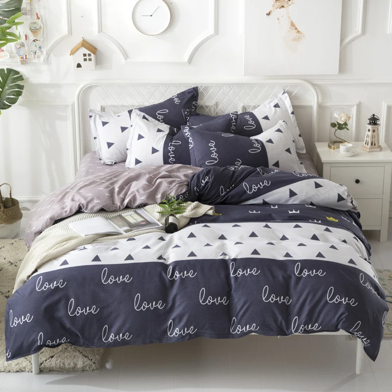 

Letter and geometric blue/white/gray Spring Summer Bedding Sets Bed Sheet Duver Cover Quilt Cover Pillowcase King Queen Twin