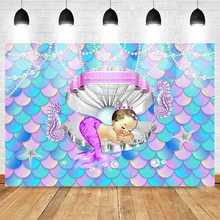 Mermaid Little Princess Backdrop Shell Crown Pearl Blonde Baby Shower Background Birthday Party Decorations Photography Backdrop