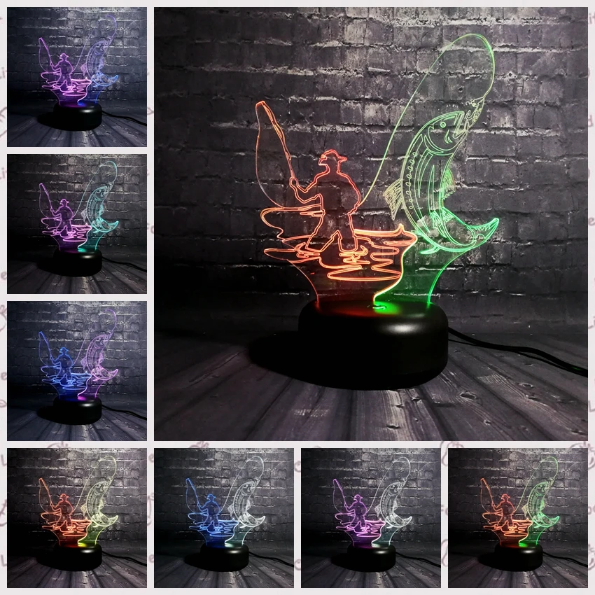 Hot 3D Fishermen Go 7 Colorful Touch Led Night Light Bedroom Table Desk Home Decor Birthday christmas Children Boy Gifts