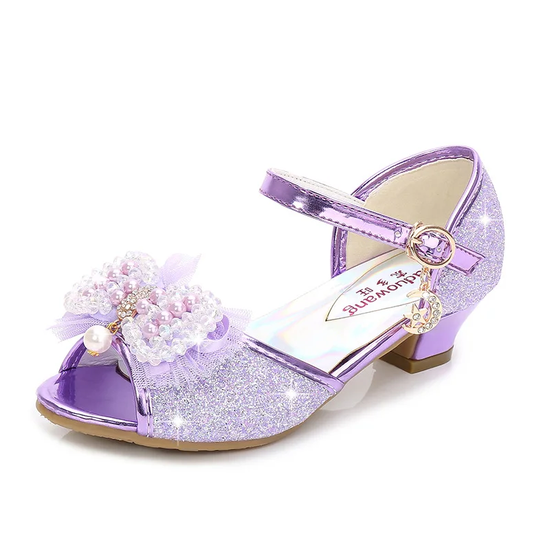 819 purple Новое Детское нижнее белье с бантом; босоножки; летние туфли на высоком тонком каблуке; туфли принцессы для девочки открытый носок блестящие Свадебная вечеринка; для маленькой девочки; Sandalias - Цвет: 819 purple