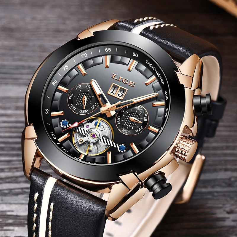 LIGE мужские часы лучший бренд класса люкс Tourbillon автоматические кожаные