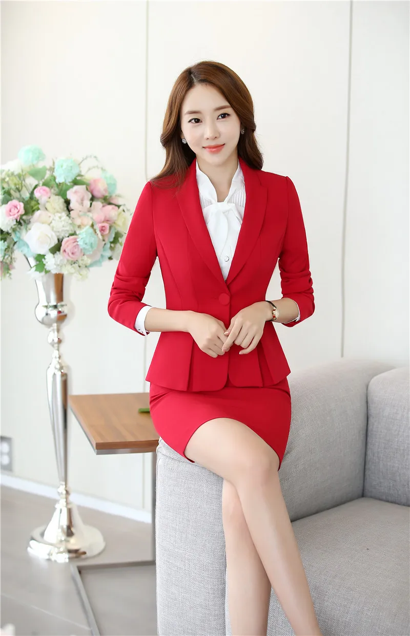 New Arrival Autumn Winter Elegant Red Slim Fashion Formal OL Styles Professional Business Suits With Jackets And Skirt