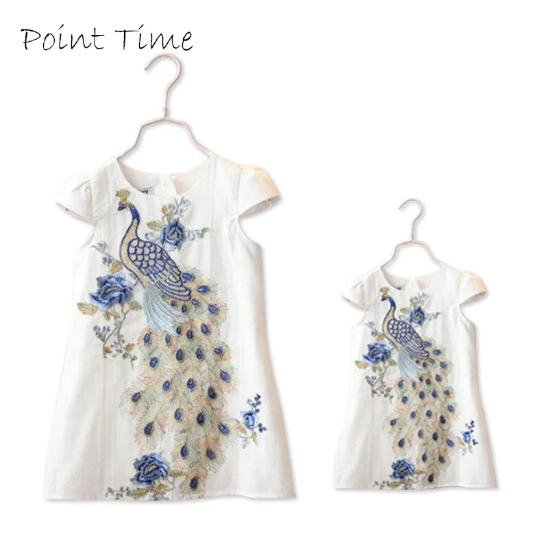 

2016 New Stylish Peacock Embroidery Dress Short Sleeve Family Clothing Mother Daughter Dress Girls Party Clothes