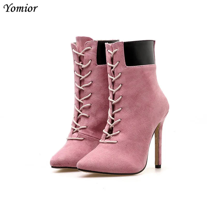 

Yomior New Style Women Boots Cow Suede Fashion Pointed Toe Autumn Winter Ankle Boots Casual Pink High-Heeled Boots Big Size