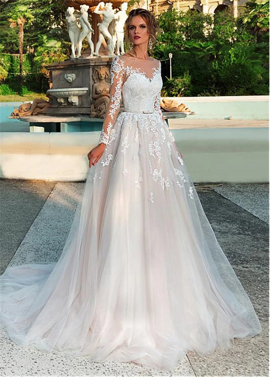 Шикарный Тюль Bateau Neck A Line свадебное платье с кружевными аппликациями