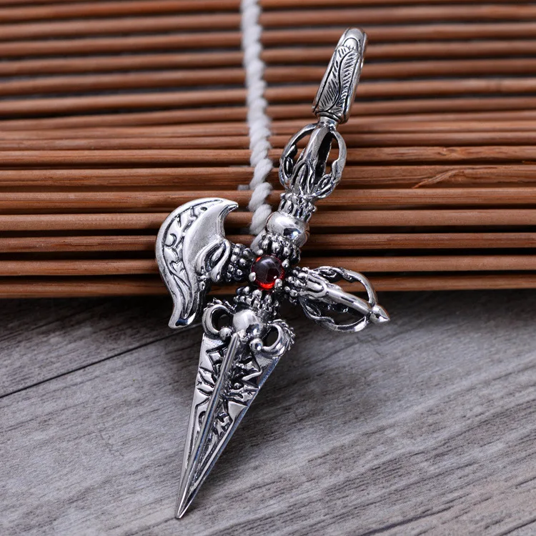 

Red Garnet 925 Sterling Silver Vajry Pestle Cross Pendant Men Thai Silver Fine Jewelry Gift Necklace Accessories DIY CH046031