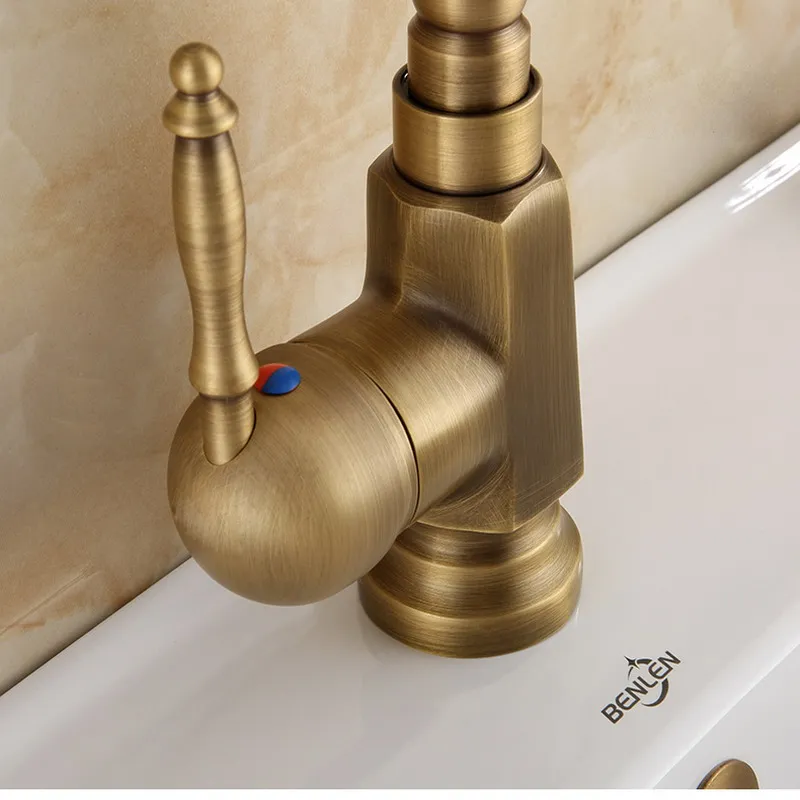 Antique Brass Single Handle Basin Faucet Deck Mount Bathroom Faucet Vanity Vessel Sinks Mixer Tap KD545