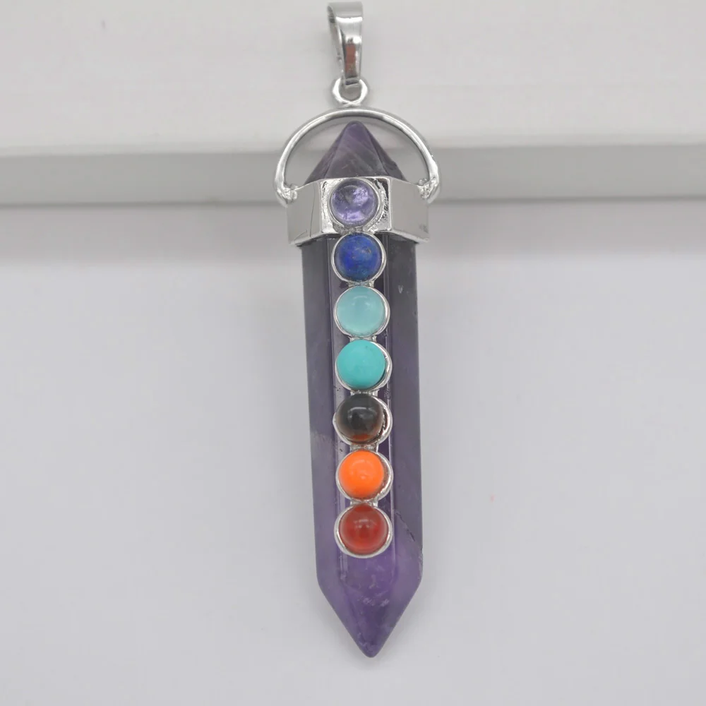 

Natural Amethyst 7 Chakra Stone GEM Pendant Hexagon Pendulum Women Jewelry S3115