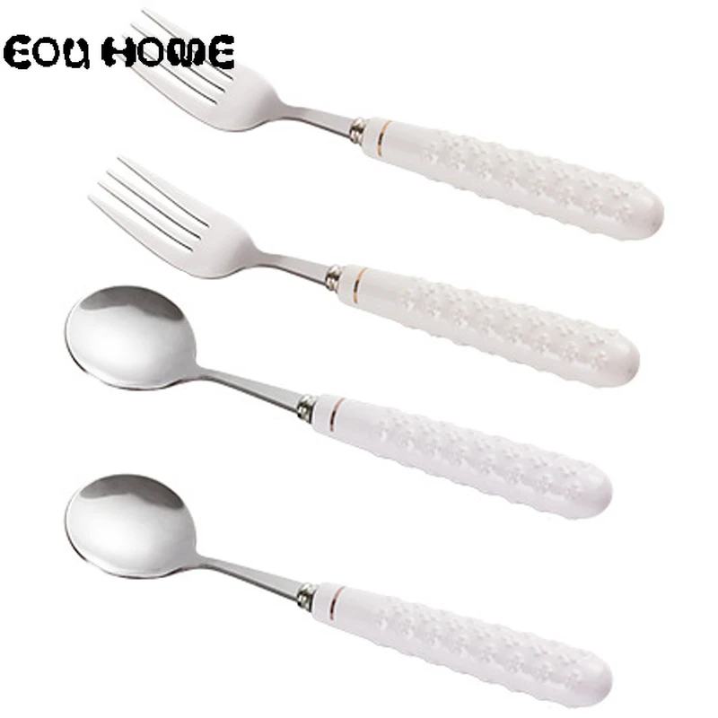 

4 Pcs/Lot Tableware Set Ceramics handle Stainless Steel Cutlery Western Food hotel Luxury Fork Teaspoon household dinnerware