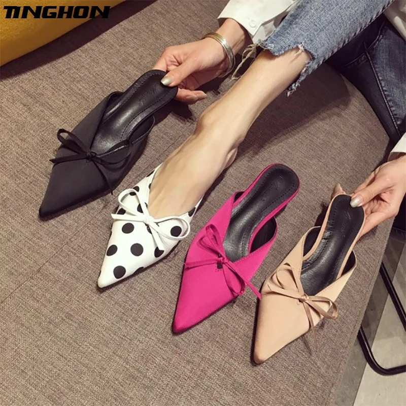 

TINGHON Polka Dot Kitten Heel Women Mules Sexy Pointed Toe High Heel 5CM Women Pumps Brand Design Ladies Shoes