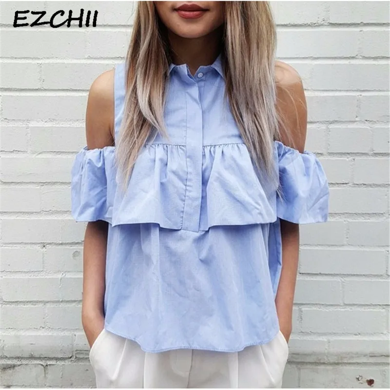 

Summer Womens Casual Blouse Off Shoulder Ruffles Flouncing Shirts Turn Down Collar Sexy Ladies Short Sleeve Solid Tops 6Q0023
