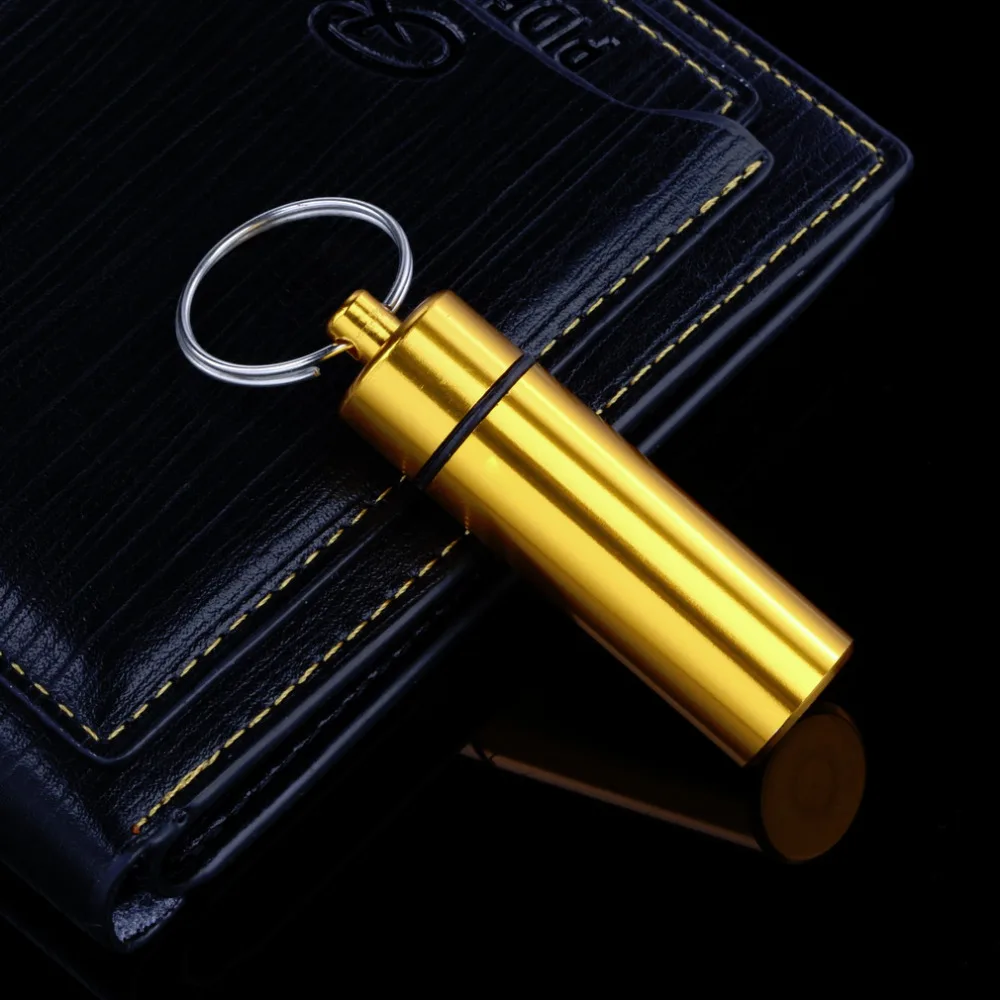 

Mini Portable Medicine Box Waterproof Aluminum Light Yellow Pill Box Case Bottle Cache Drug Holder Container With Keychain