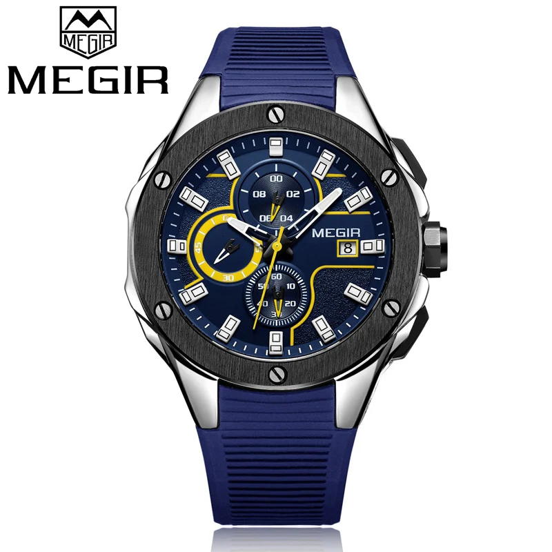 Лидирующий бренд, роскошные мужские спортивные часы MEGIR, хронограф, силиконовый ремешок, кварцевые военные часы с большим циферблатом, мужские часы, Relogio Masculino - Цвет: Blue