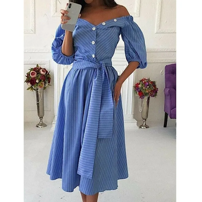 

Hirigin Women's Summer Dress 2019 Off Shoulder Stripe Boho Dress Casual Half Sleeve Midi Dress Vestidos De Verano