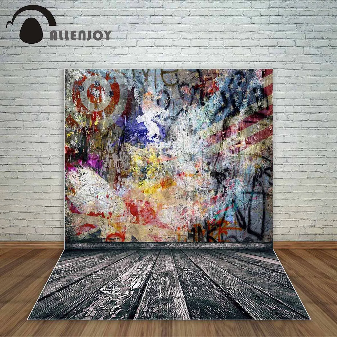 

Allenjoy Graffiti the Stars and Stripes cool backdrop and vintage wooden floor photographic background photocall decorations