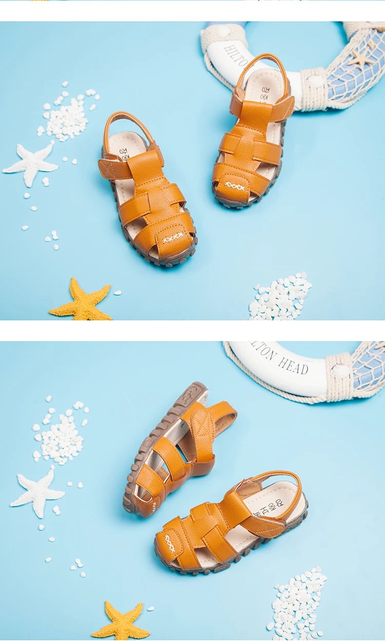 Летняя детская обувь; сандалии с закрытым носком для маленьких мальчиков; кожаные дышащие пляжные сандалии с вырезами; удобные детские сандалии