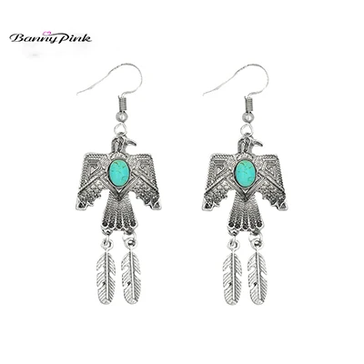 Banny Pink Indian Tibetan Tribal Eagle Pendant Dangle Earrings For Women Gyspy Statement Drop Earrings Stone Peace Bird Earrings - Metal Color: Vintage Silver