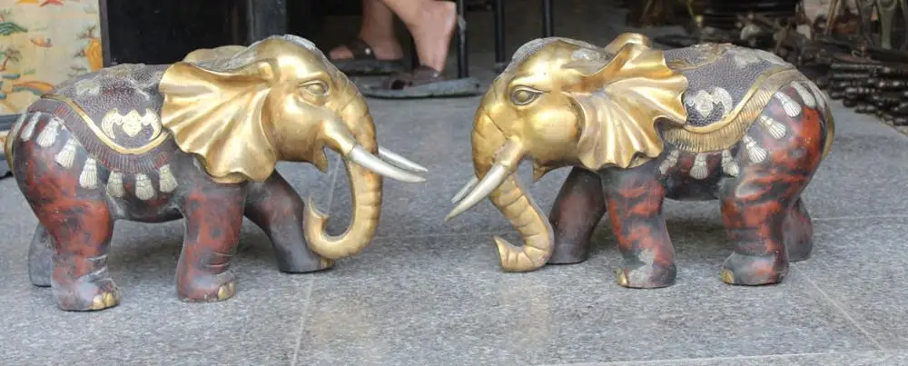 

22"Chinese Bronze Gilt Silver Animal Auspicious Elephant Heffalump Pair Statue