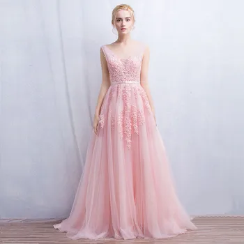 Vestido de festa Evening Dress Robe De Soiree V Neck with Lace Appliques Long Tulle Party Evening Dresses 2017 Pink Navy Blue